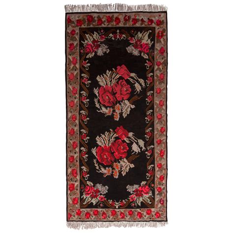 Midcentury Vintage Kilim Rug Black Red Floral Turkish Flat Weave By Rug