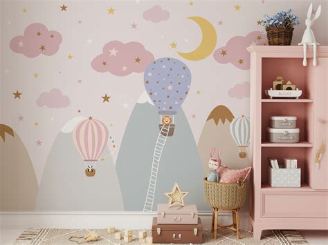 GK Wall Design Stars Pink Clouds Hot Air Balloons Crescent Moon Snowy Colorful Mountains