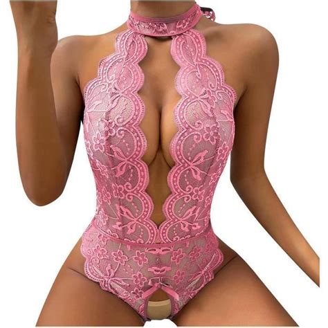 Ensemble lingerie sexy femme COORDONNES Dos nu en dentelle Décolleté en V Cerise Cerise
