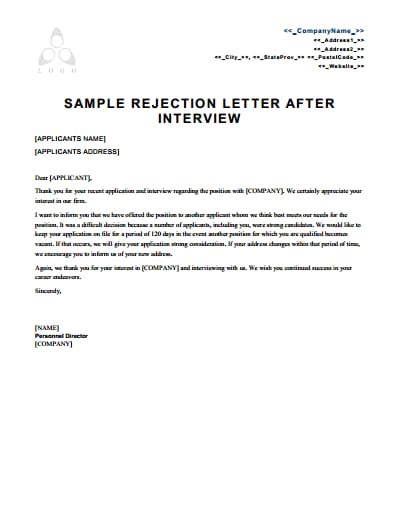 Interview Rejection Letter Example Collection - Letter Template Collection