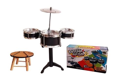 Mini Bateria Infantil Jazz Drum Duas Baquetas Tambores E Banquinho