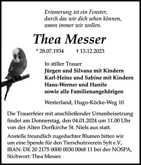 Traueranzeigen Von Thea Messer Sh Z Trauer