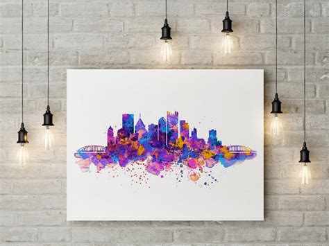 Printable Pittsburgh Skyline Silhouette Watercolor Painting Blue And