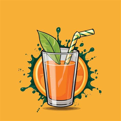 Un Vaso De Jugo De Naranja Con Una Paja Y Una Hoja De Menta Vector