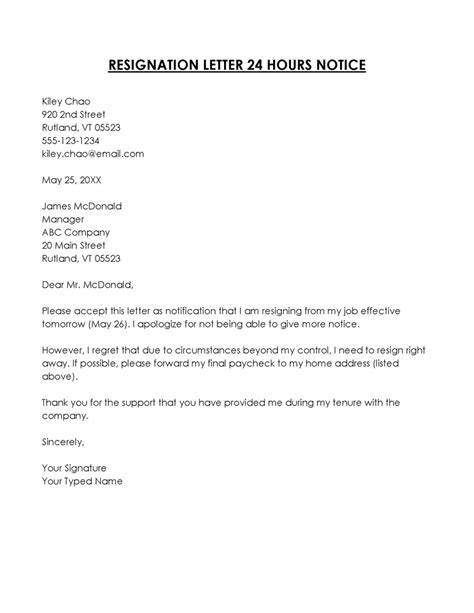 Letter Of Resignation Hours Notice Examples Guide