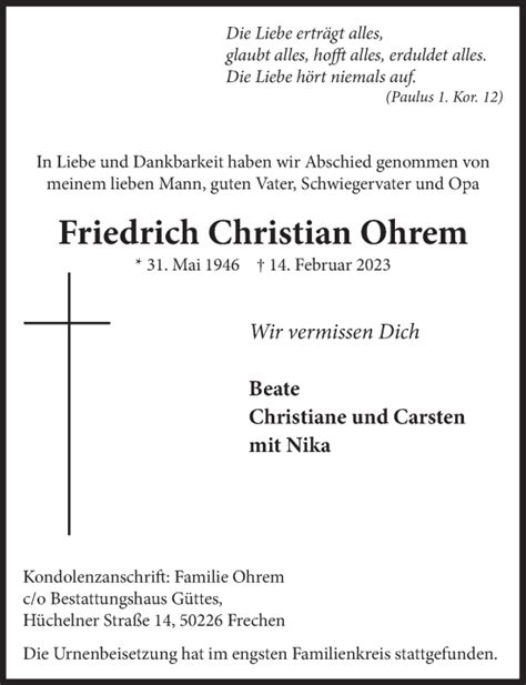 Traueranzeigen Von Friedrich Christian Ohrem WirTrauern