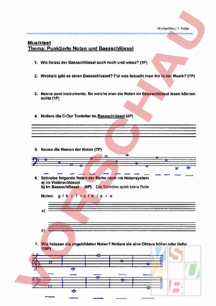Arbeitsblatt Test Punktierte Noten Und Bassschl Ssel Musik