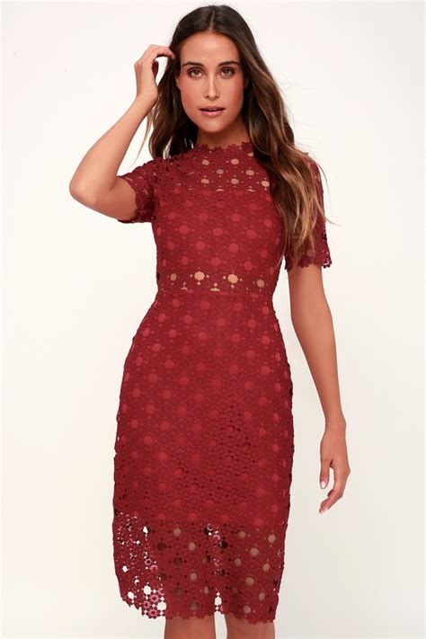 Sexy Wine Red Lace Dress Lace Bodycon Dress Lace Midi Dress Lulus