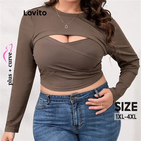 Lovito Camiseta Feminina Plus Size Curva Casual Recorte Liso