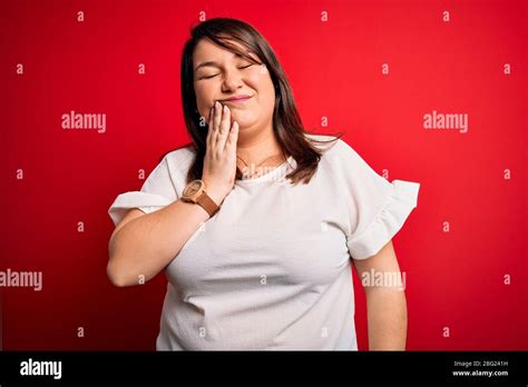 Beautiful Brunette Plus Size Woman Wearing Casual T Shirt Over Isolated Red Background Touching