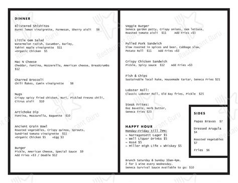 Menu at The Seneca restaurant, New York City, 582 Seneca Ave