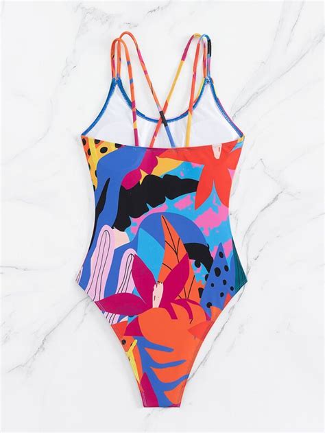 Floral And Lion Print Criss Cross Backless One Piece Swimsuit Shein Usa