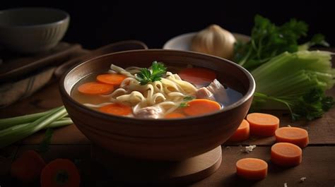 Un Bol De Soupe De Nouilles Au Poulet Avec Des Carottes Et Du Persil