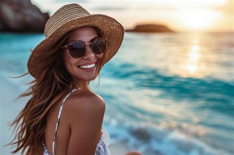 Young Woman Enjoying Her Holidays In A Mediterranean Beach Premium Ai