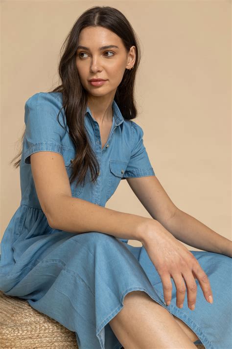 Denim Buttoned Midi Shirt Dress In Light Blue Roman Originals Uk