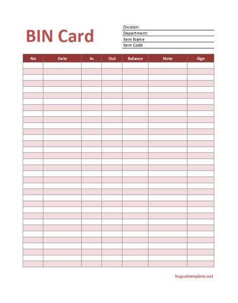 Free Printable BIN Card Template (Excel)