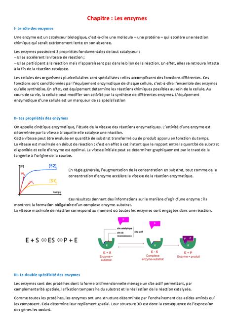 Cours Enzyme Chapitre Les Enzymes I Le R Le Des Enzymes Une Enzyme