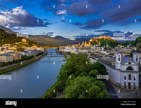 Salzburg Look At The Old Town And The Fortress High Salt Castle In The