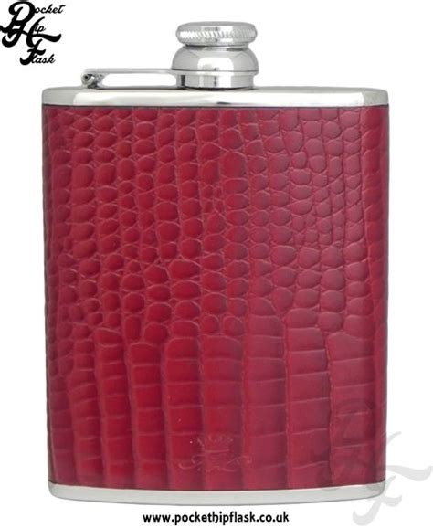 Burgundy Nile Crocodile Luxury Leather Oz Stainless Steel Hip Flask