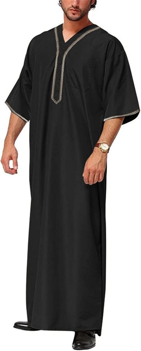 Men Islamic Muslim Kaftan Half Sleeve Solid Color V Neck Vintage Robes