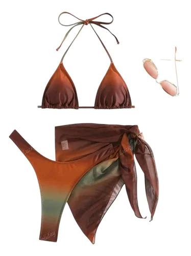 Bikini Importada Shein 3 Piezas Con Pareo Cola Less Push Up Chocolate S Envío gratis