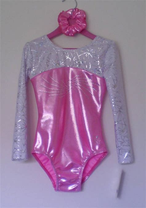 Pink Long Sleeved Gymnastics Dance Leotard With Rhinestones Size 26 28