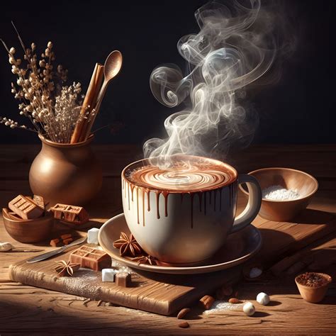Cocoa Cup On Wooden Table With Steaming Hot Cocoa Photo Free