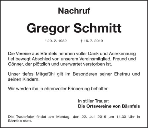 Traueranzeigen Von Gregor Schmitt Trauer Nn De