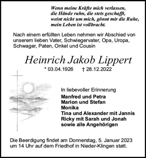 Traueranzeigen Von Heinrich Jakob Lippert Vrm Trauer De