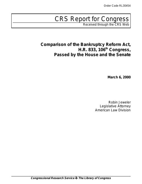 Comparison Of The Bankruptcy Reform Act H R 833 106th Congress