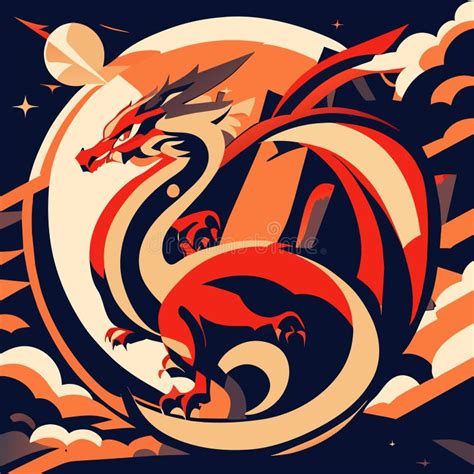 Dragon In The Night Sky Vector Illustration In A Flat Style Stock