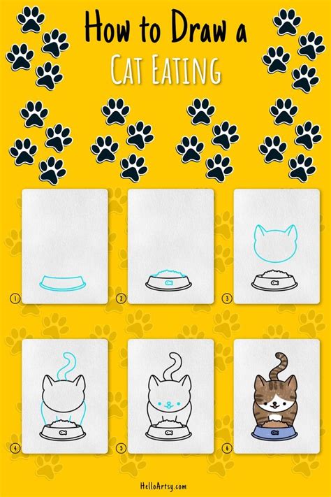 Cat Eating Drawing Learn To Draw In 6 Easy Steps Cat Drawing For