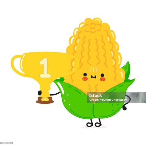 Cute Funny Corn Hold Gold Trophy Cup Vector Hand Drawn Cartoon Kawaii Character Illustration