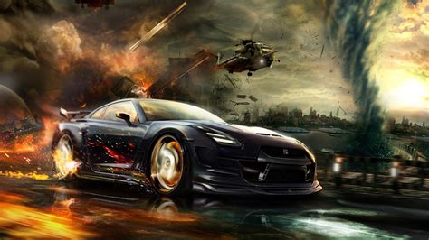 Nissan Gt R Car Digital Art Helicopters Fire Explosion Cgi