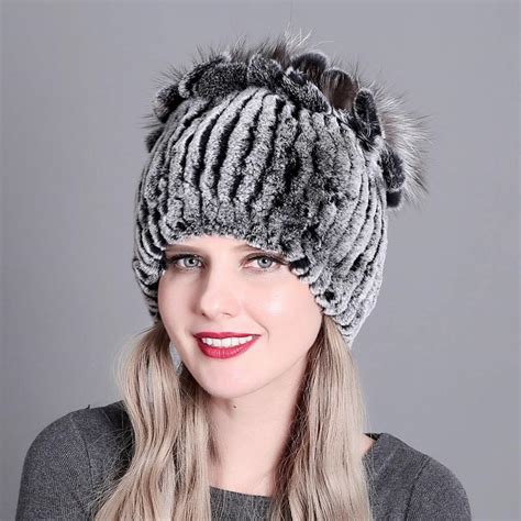 Buy Women Real Rex Rabbit Fur Hats With Fur Flower Trims Natural Rabbit