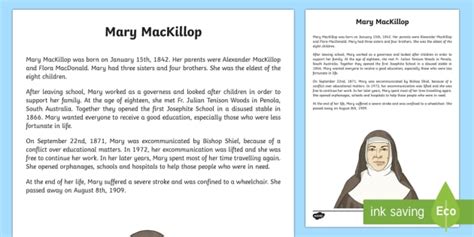 Mary Mackillop Biography Recount Writing Sample Primary