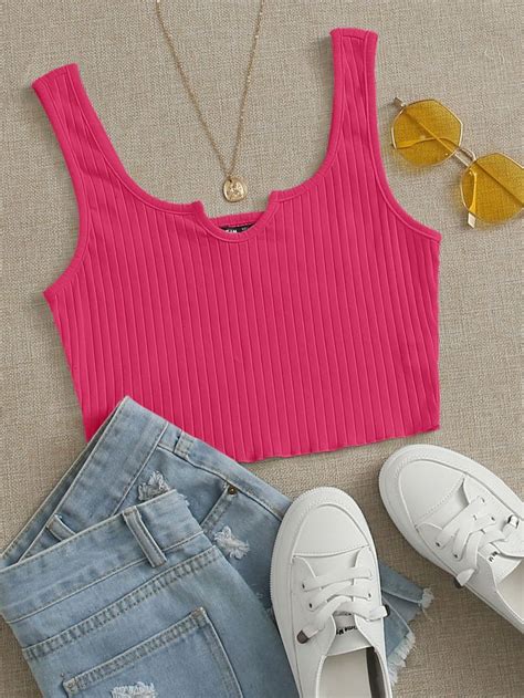 Hot Pink Casual Cotton Plain Tank Embellished Slight Stretch Summer