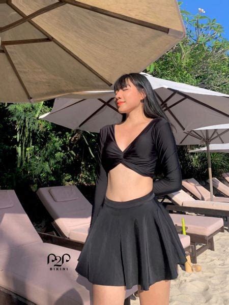 Bikini 3 mảnh áo croptop tay dài quần chip váy xòe P2P Bikini Thương hiệu đồ bơi nữ đồ