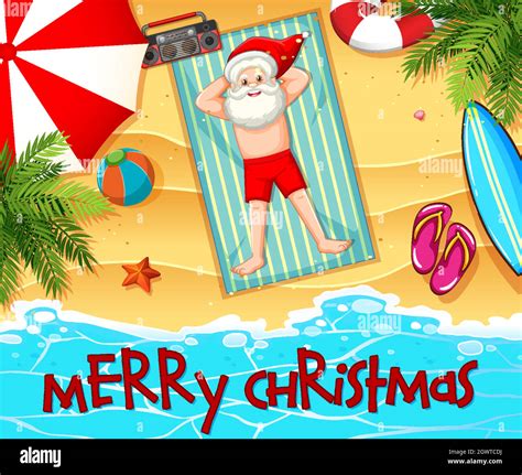 Santa Claus Taking Sun Bath At The Beach With Summer Element And Merry