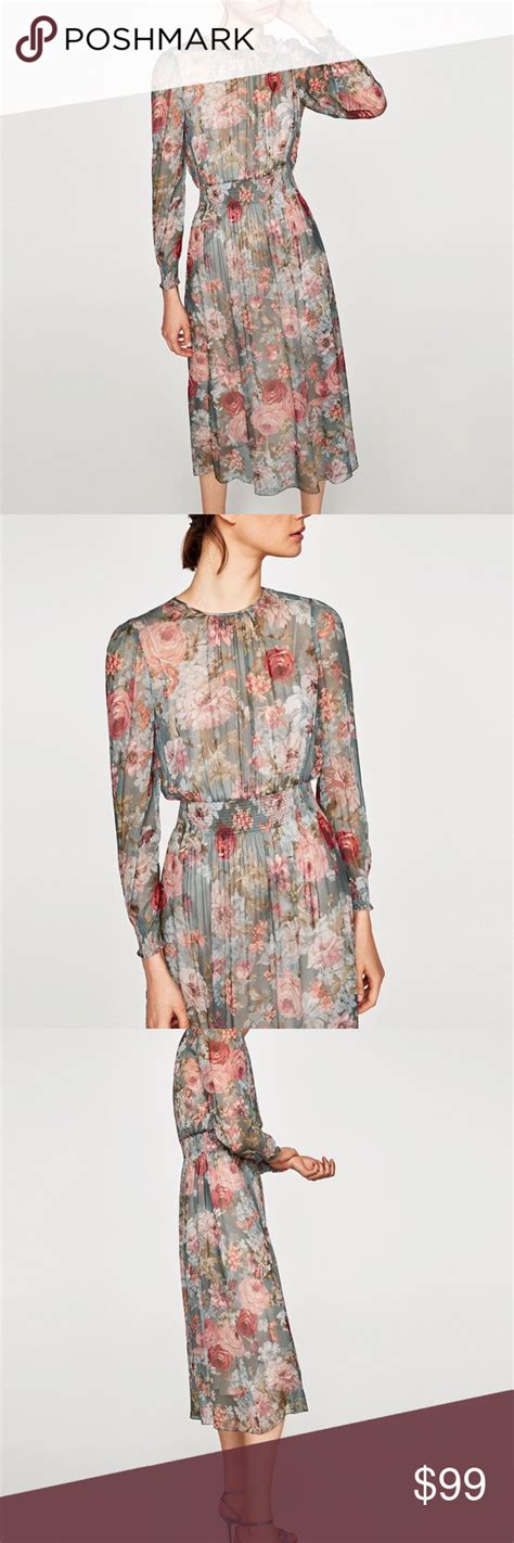 Nwt Zara Green And Pink Floral Midi Dress Floral Midi Dress Midi