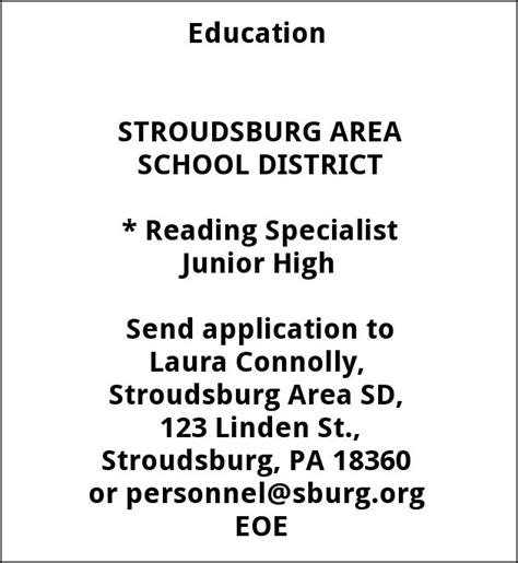 Reading Specialist Junior High, Stroudsburg Area School District ...