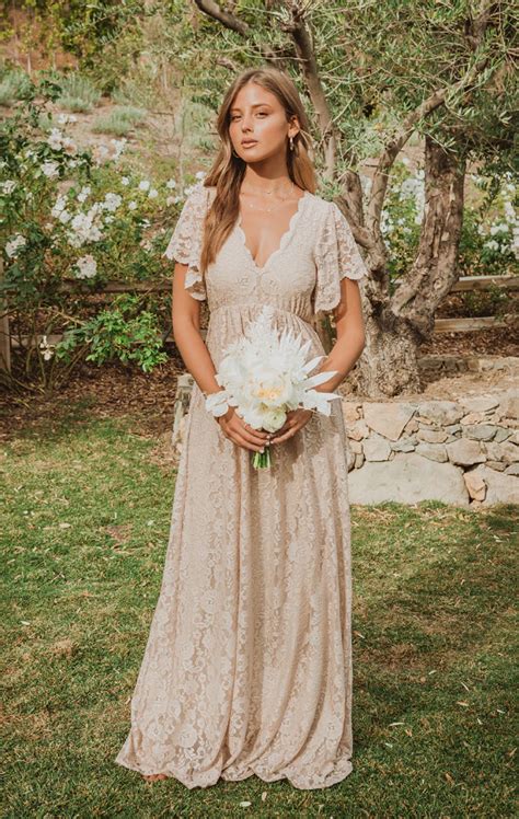 Half Sleeve Boho Lace Champagne Wedding Dress Daisystyledress