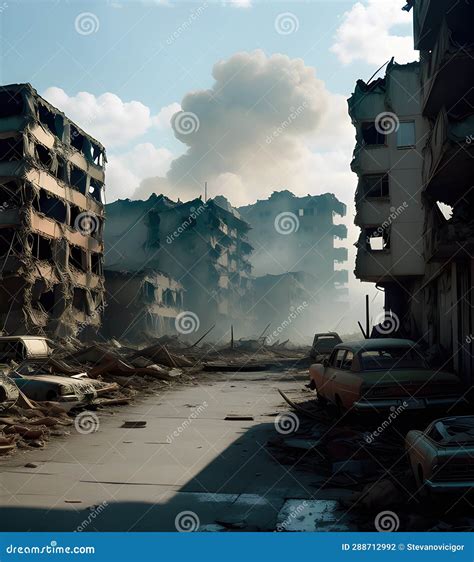 Ruined And Demolished City With Rundown Buildings After Nuclear Bombing