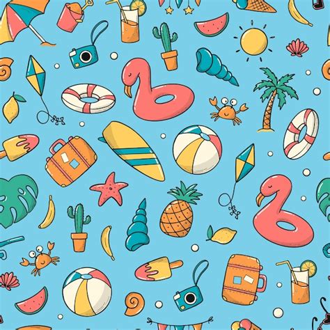 Premium Vector Summer Seamless Pattern With Sketched Doodles On Blue