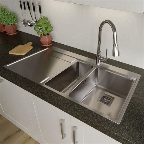 Kitchen Sink 1.5 Bowl LH Drainer Stainless Steel Modern Inset Strainer ...