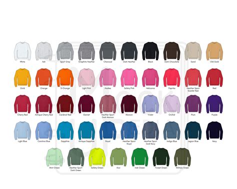 Gildan 18000 Adult Crewneck Sweatshirt Color Chart Gildan Etsy