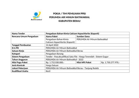 Pengumuman Pengadaan Bahan Kimia Calcium Hypochlorite Kaporit Perumda