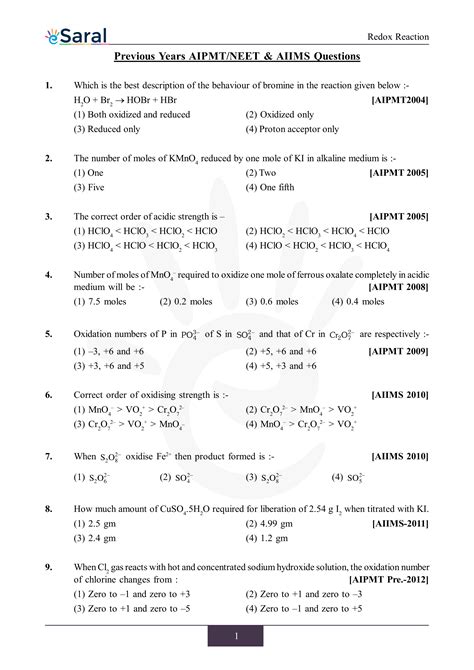 Redox Reactions Neet Previous Year Questions With Complete Solutions