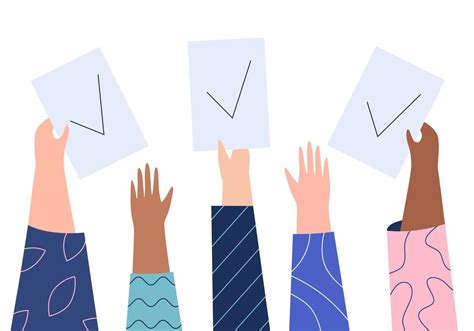 Various Hands Hold Up The Ballots With Check Mark Concept Of Vote