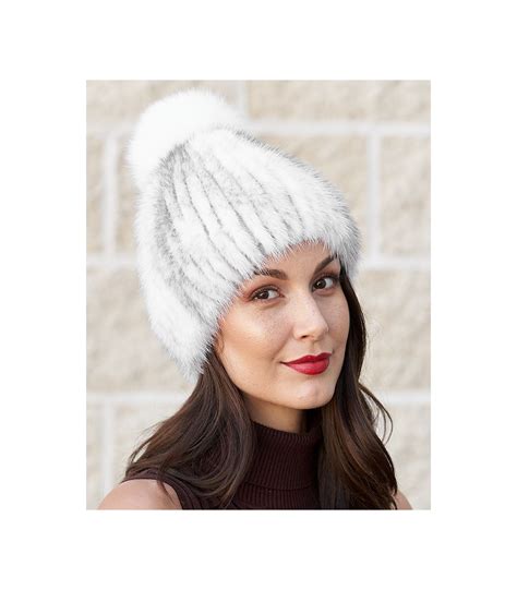 Lola Knit Mink Beanie Hat With Fox Pom Pom Furhatworld